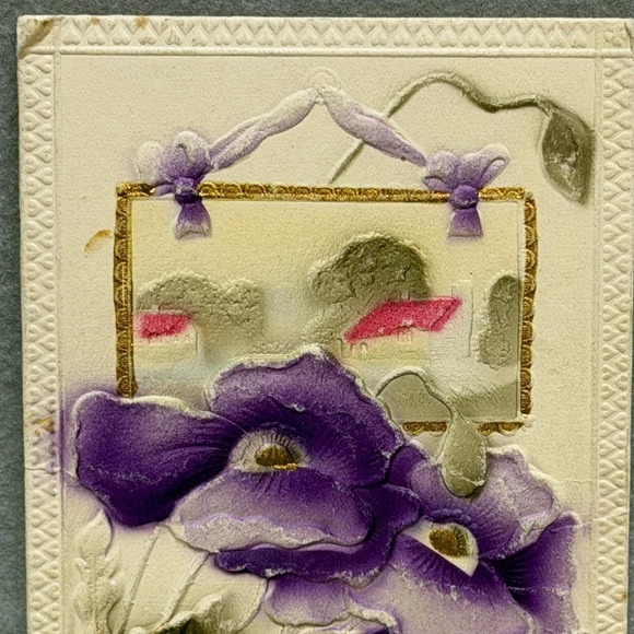 Purple Pansies‎ Gold Trim Ribbon Embossed Birthday Greetings c1910s POSTCARD - Picture 2 of 6